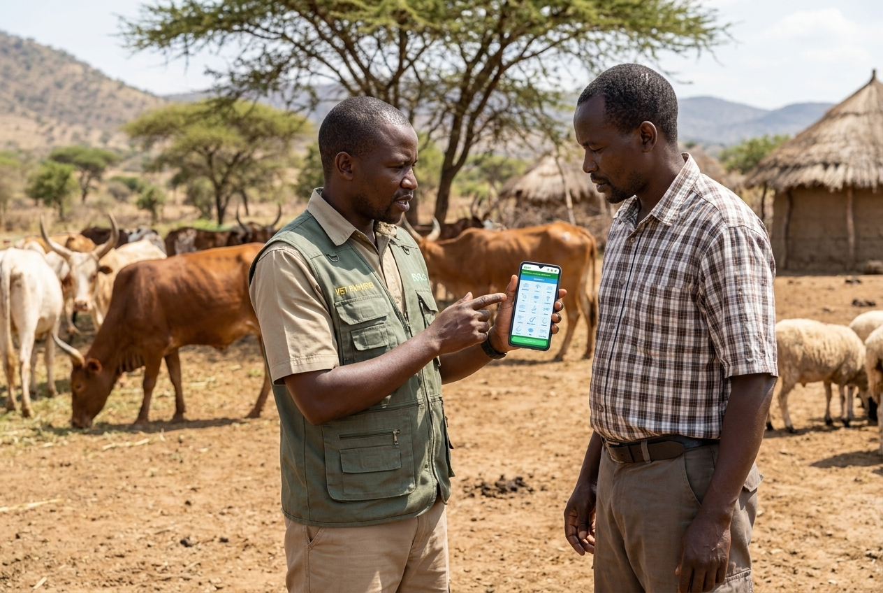African vet and farmer with smartphone